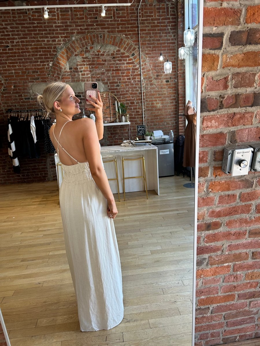 Bentley Beige Smocked Linen Maxi Dress