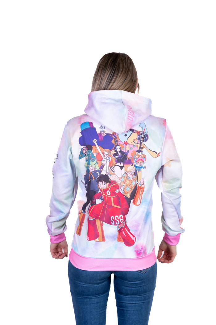 Sweat à capuche - One piece egghead luffy and the crew pink
