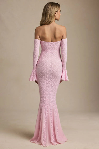 Off-Shoulder Ruffle Lace Maxi Dress in Soft Pink