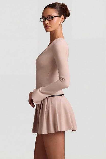 Long-Sleeve Pleated Mini Dress in Mushroom