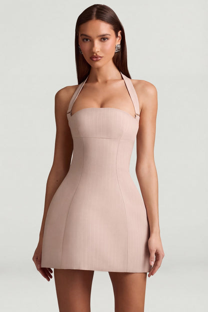 Pinstripe Halterneck Structured A-Line Mini Dress in Mushroom