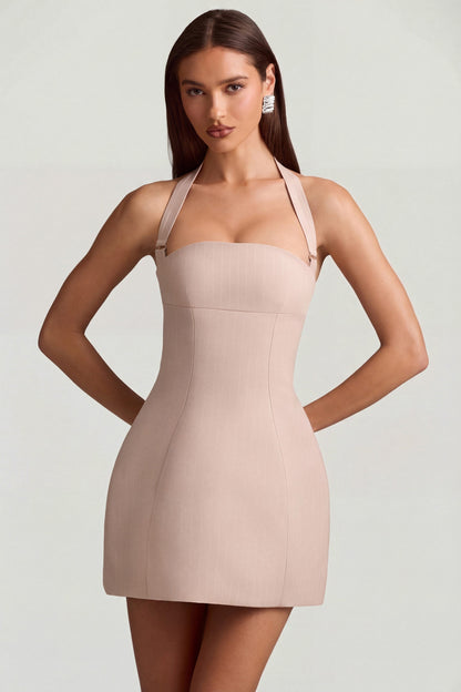 Pinstripe Halterneck Structured A-Line Mini Dress in Mushroom