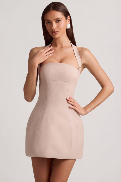 Pinstripe Halterneck Structured A-Line Mini Dress in Mushroom