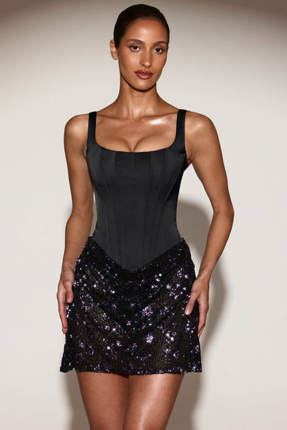 Satin Corset Embellished Skirt Mini Dress in Black Purple