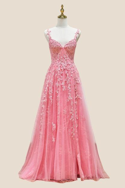 Hot Pink Lace Appliques A-line Long Formal Gown