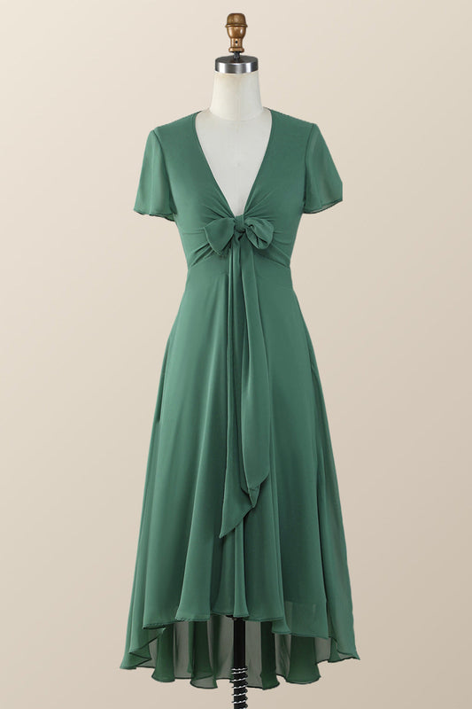 Knot Front Green Chiffon Long Bridesmaid Dress