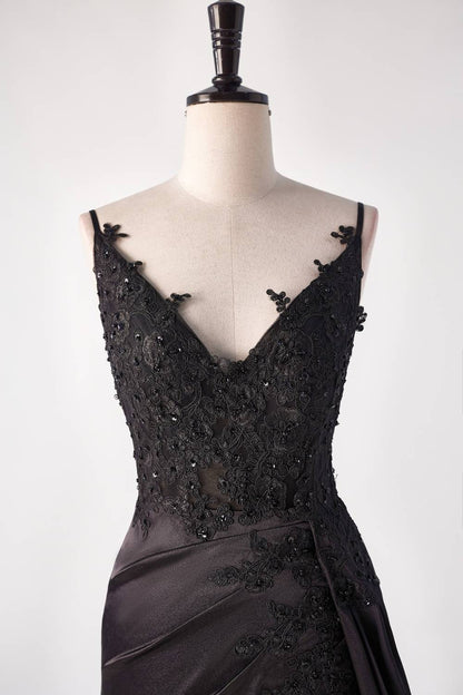 Black Satin Appliques Mermaid Long Dress with Slit