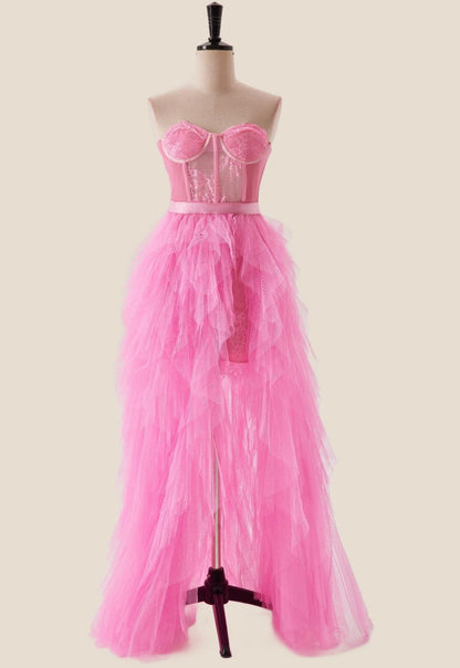 Hot Pink Bustier Ruffles Long Party Dress