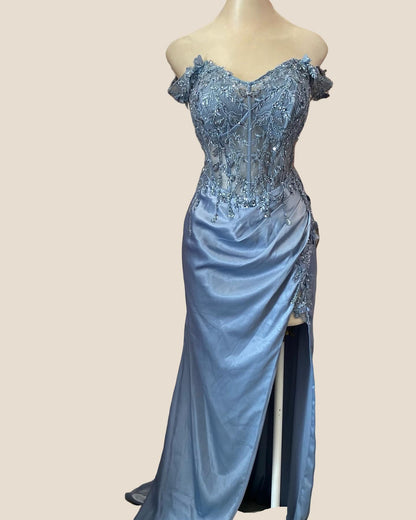 Lace Off the Shoulder Green Satin Mermaid Dress