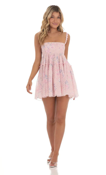 Dotted Floral Babydoll Dress in Pink