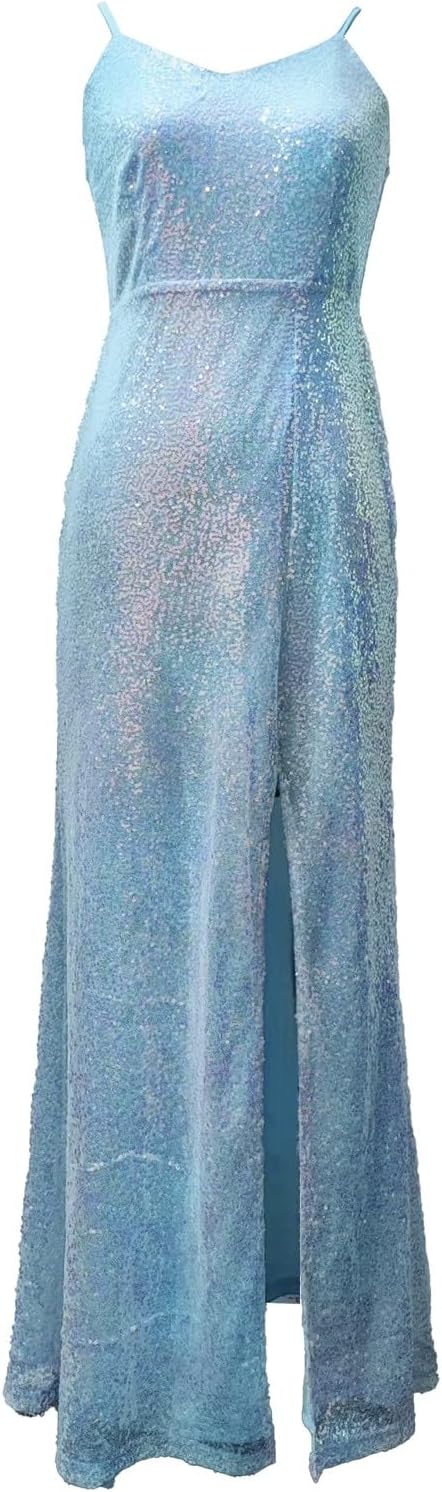 Spaghetti Straps Backless High Slit Slim Fit Sequin Gown
