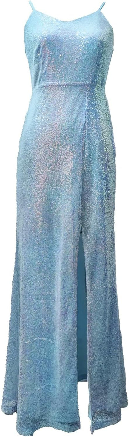 Spaghetti Straps Backless High Slit Slim Fit Sequin Gown