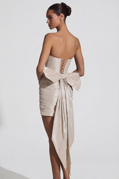 Satin Bow-Detail Strapless Mini Dress in Ivory