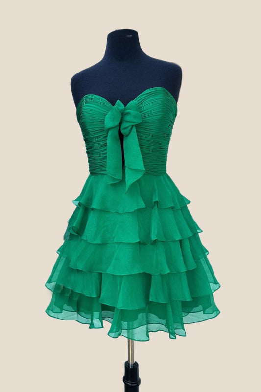 Strapless Green Chiffon Bow Ruffle Short Dress