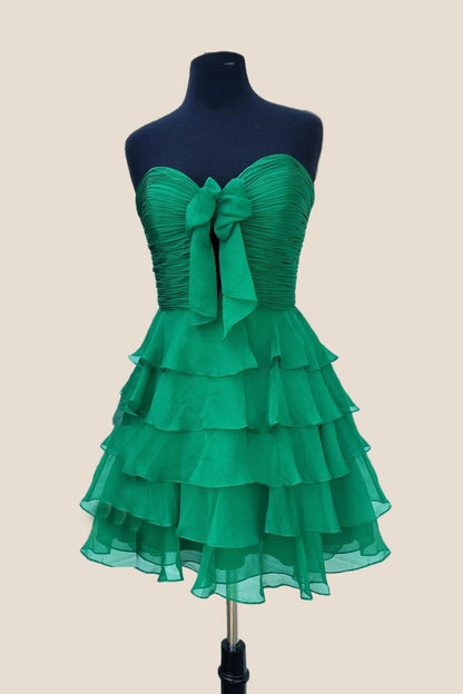 Strapless Hot Pink Chiffon Bow Ruffle Short Dress