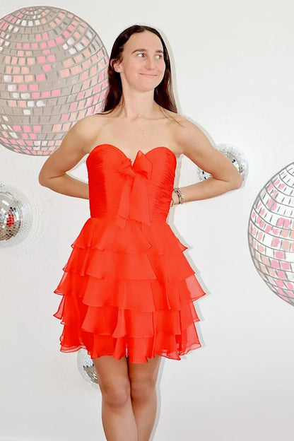 Strapless Hot Pink Chiffon Bow Ruffle Short Dress