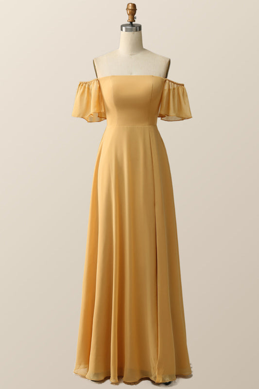 Off the Shoulder Yellow Chiffon Long Bridesmaid Dress