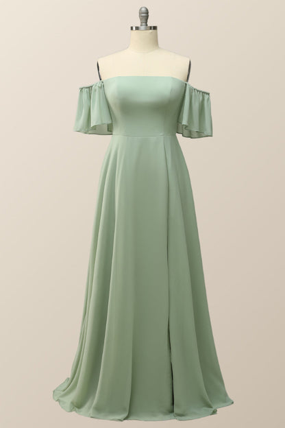 Off the Shoulder Sage Green Chiffon Long Bridesmaid Dress