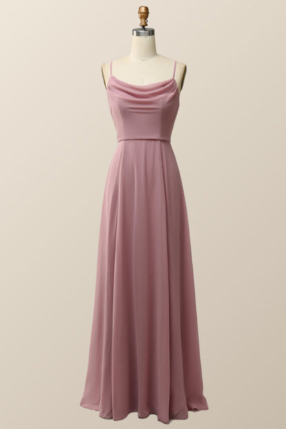 Blush Pink Cowl Neck Chiffon Long Bridesmaid Dress