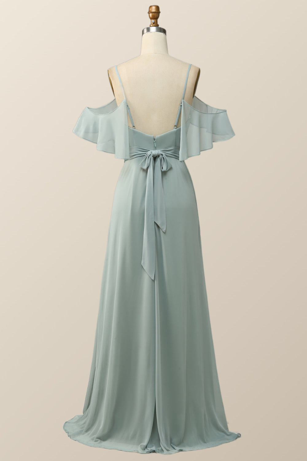 Cold Sleeves Green Chiffon Pleated Long Bridesmaid Dress