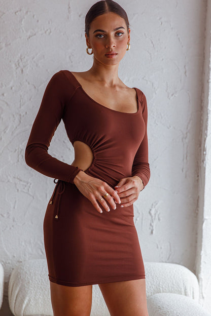 Nikola Cut-Out Feature Long Sleeve Bodycon Mini Dress Chocolate