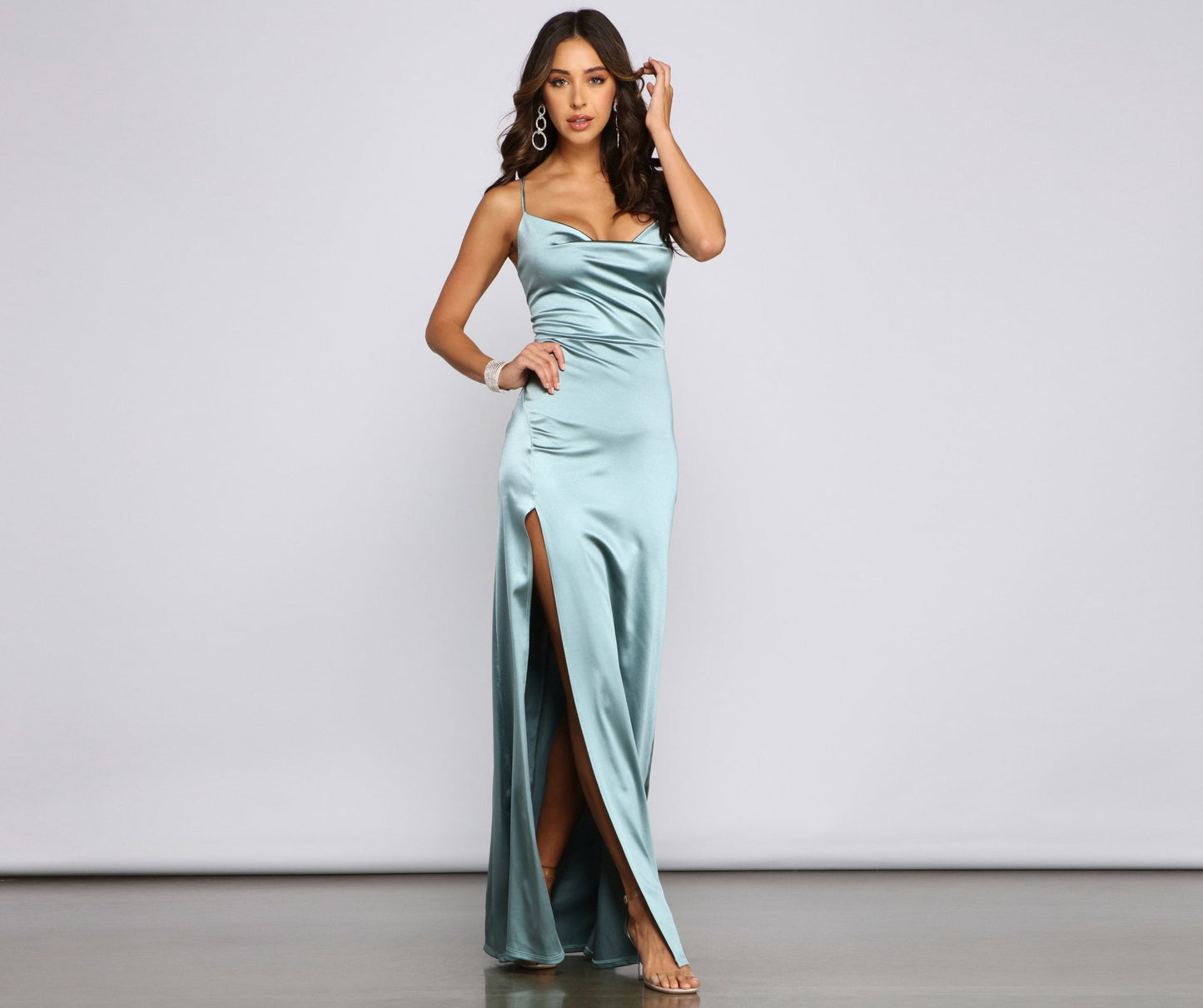 Cassie Sleeveless Satin High Slit Formal Dress