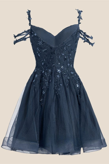 Cold Shoulder Navy Blue Sequin Short Dress