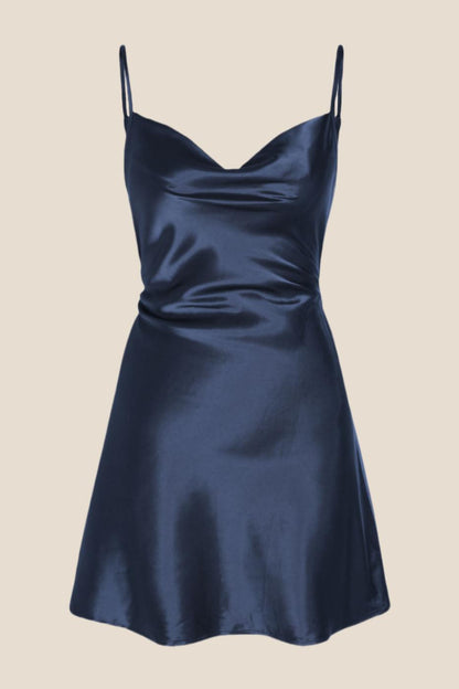 Cowl Neck White Back Tie A-line Short Dress