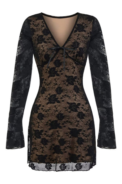 Long Sleeves Burgundy Lace Short Dress