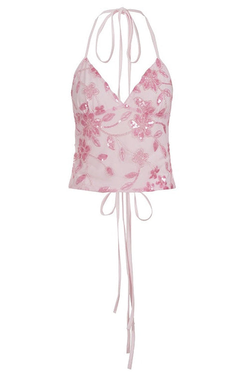 Pink Beaded V Neck Fitted Top