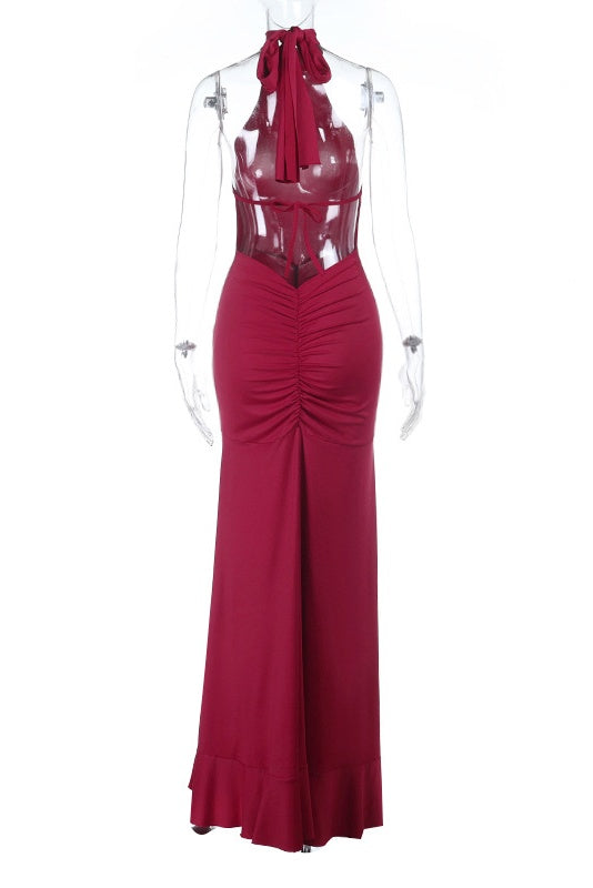 Burgubdy Halter Tie Long Mermaid Dress