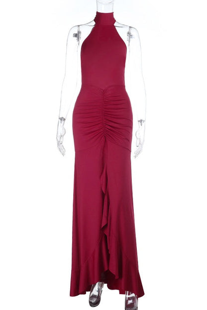Burgubdy Halter Tie Long Mermaid Dress