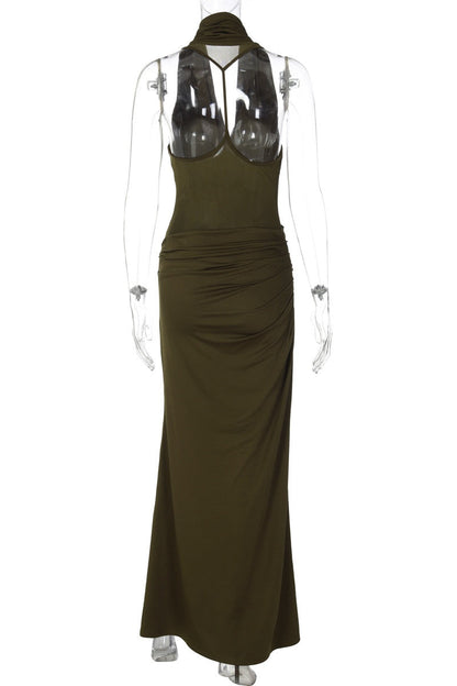 Olive Green Cowl Neck Fitted Long Dress