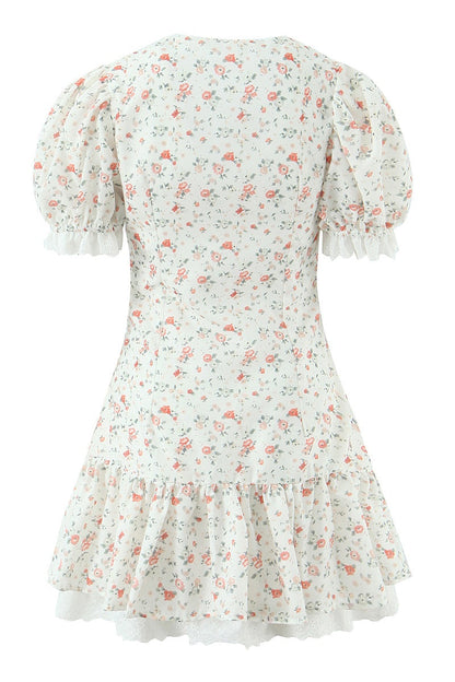 Black Floral A-line Short Dress with Short Sleeves