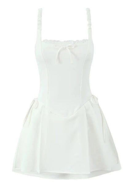 Black Square Lace Neck  Bow Short Dress
