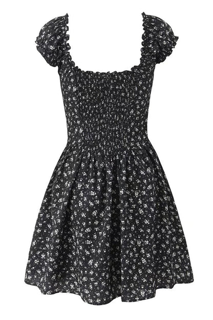 Black Floral Cap Sleeve Ruched Long Dress