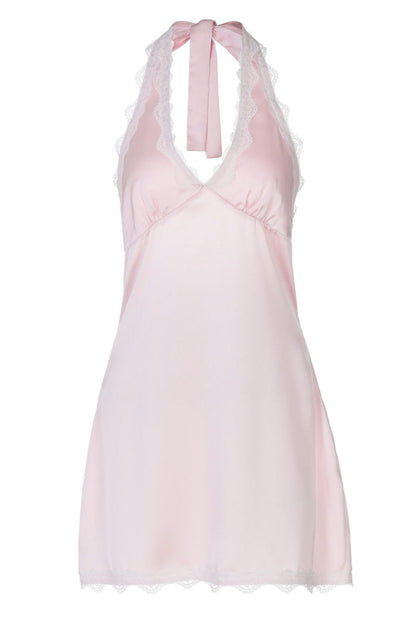 Halter Pink Satin A-line Short Dress