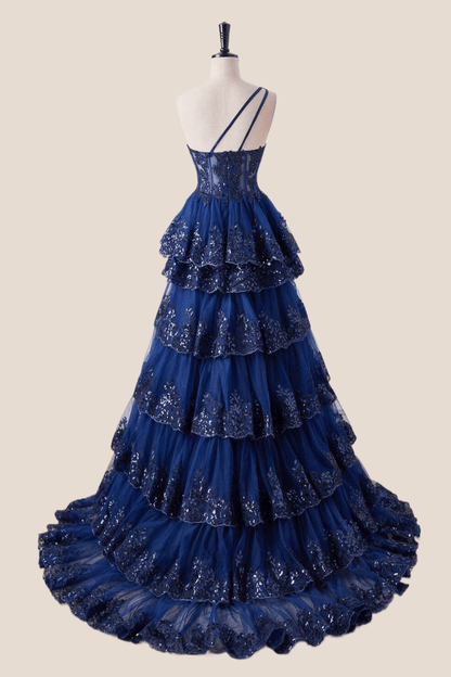 One Shoulder Navy Blue Appliques Ruffle Formal Dress