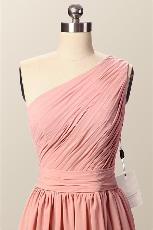 One Shoulder Blush Pink Pleated Long Bridesmaid Dress
