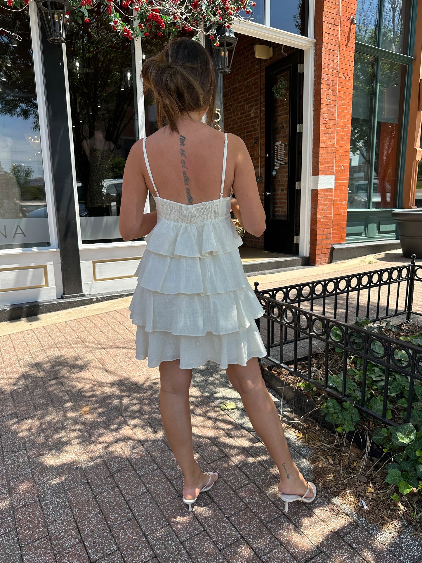 Emily Beige Beaded Tiered Ruffle Mini Dress