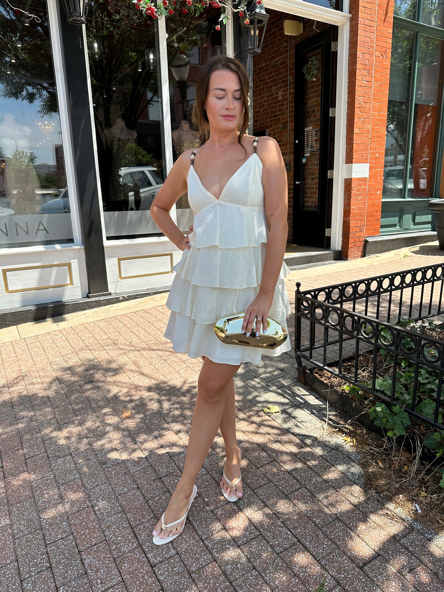 Emily Beige Beaded Tiered Ruffle Mini Dress