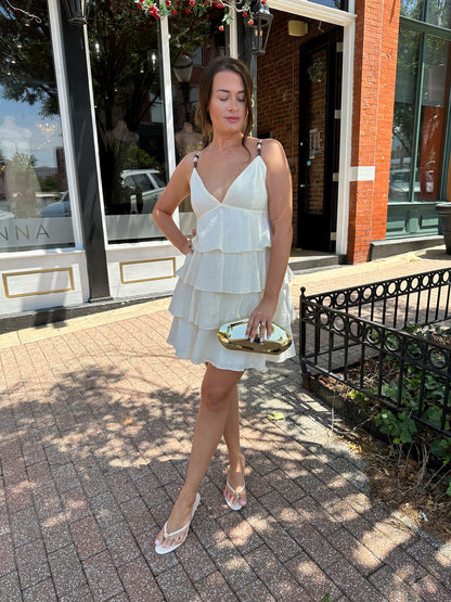Emily Beige Beaded Tiered Ruffle Mini Dress