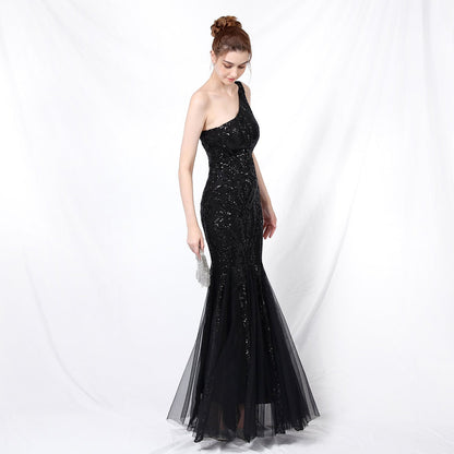 Emily formal one-shoulder sequined mesh fishtail dress