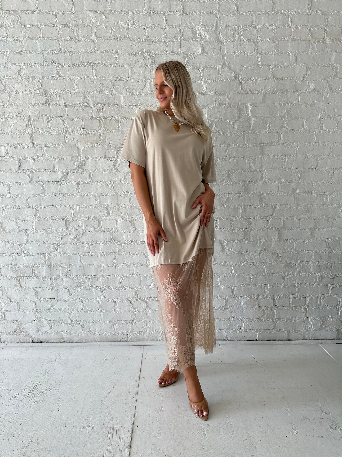 Erin Taupe Lace Hem T-Shirt Maxi Dress
