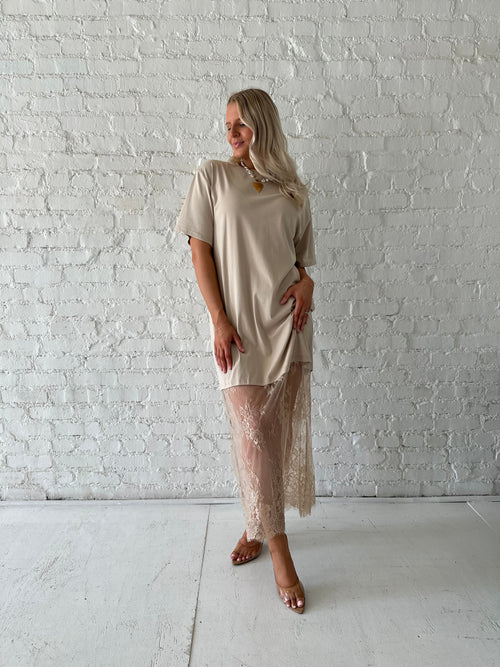 Erin Taupe Lace Hem T-Shirt Maxi Dress