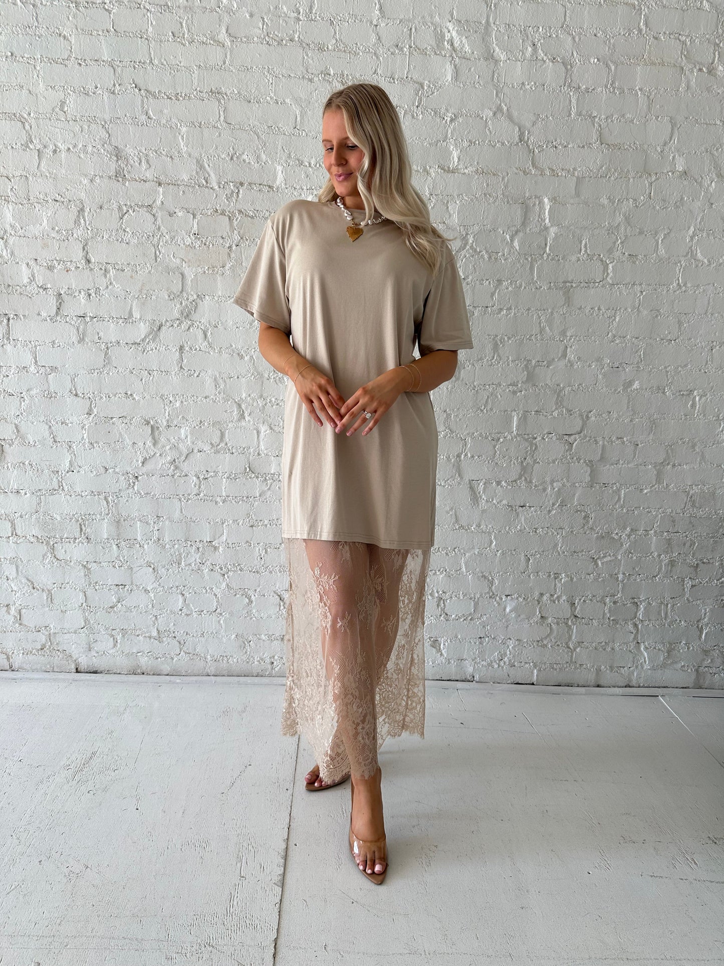 Erin Taupe Lace Hem T-Shirt Maxi Dress
