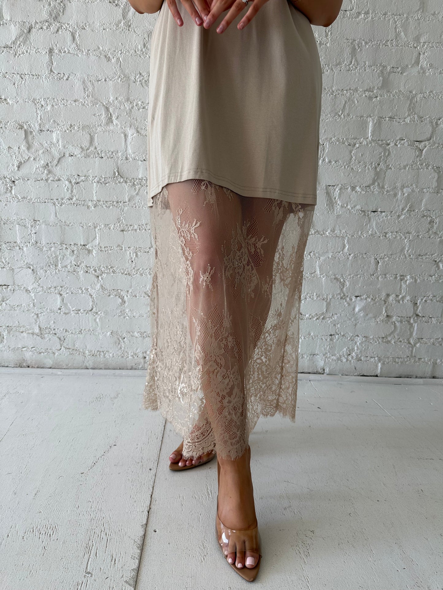 Erin Taupe Lace Hem T-Shirt Maxi Dress