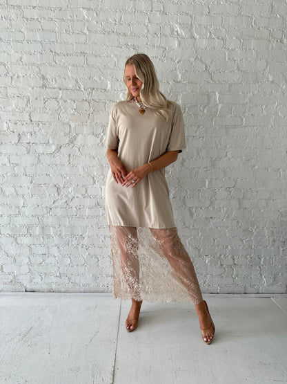 Erin Taupe Lace Hem T-Shirt Maxi Dress