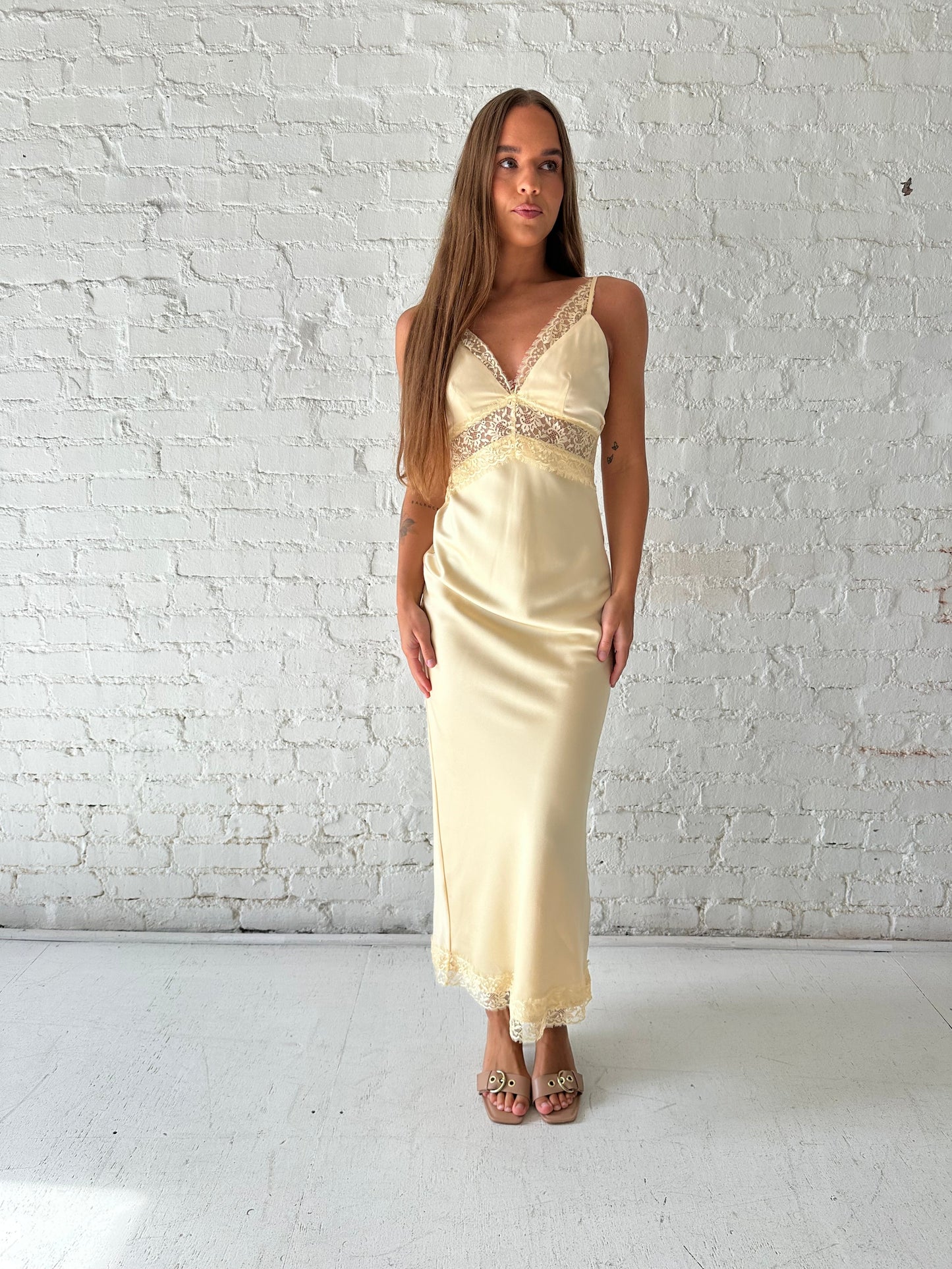 Bryn Butter Yellow Satin Lace Trim Maxi Dress