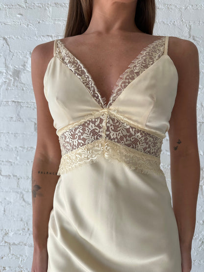 Bryn Butter Yellow Satin Lace Trim Maxi Dress